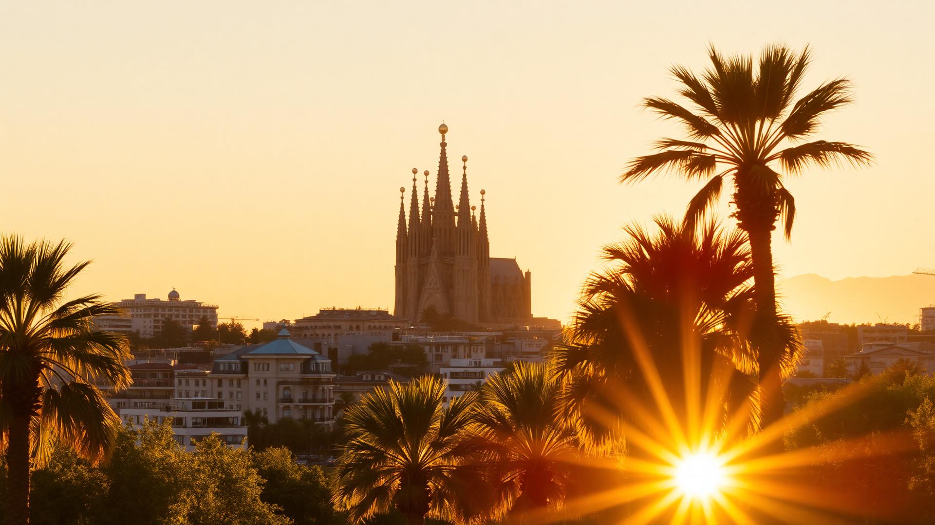 Sunset over Barcelona with the Sagrada Família and palm trees